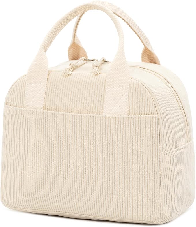 Insulated Cream Beige Lunch Bag for Women, Stylish Corduroy Tote with Aluminum Lining, Large Capacity Reusable Cooler for Work, Travel, or Beach, Beige Cream Water-Resistant Lunch Box