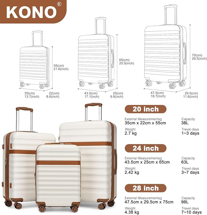 Kono Expandable 28 Inch Large Checked Luggage: ABS+PC Hardside Trolley Travel Case - Hard Shell Suitcase with TSA Lock, Cream - Brown
