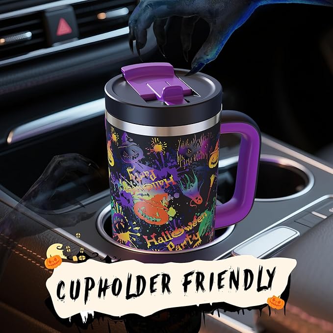 40oz Halloween Tumbler with Handle and Straw, Stainless Steel Insulated Water Bottle with Straw, Leak-Proof, Cup Holder Friendly, Keeps Cold 24 H, Gifts for Women Men, Ghost Party