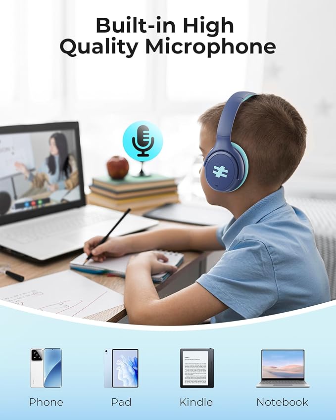 seenda Kids Wireless Active Noise Cancelling Headphones, 60H Playtime, Safe Volume (74/85/94dB), Bluetooth 5.4, Type-C Foldable Headphones with Mic for School, iPad, Airplane, Travel, Blue