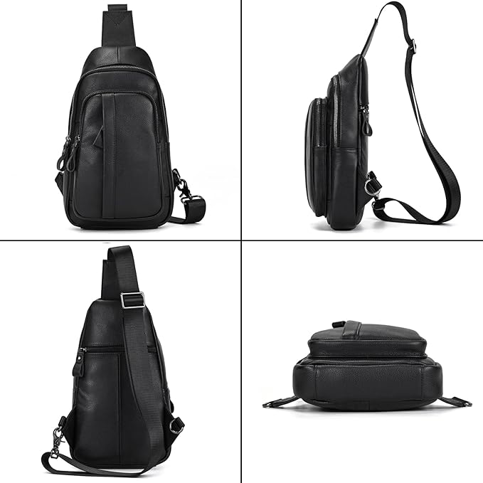 Genuine Leather Sling Bag Multi-pocket Chest Bag for Men Hiking Travel Daypack