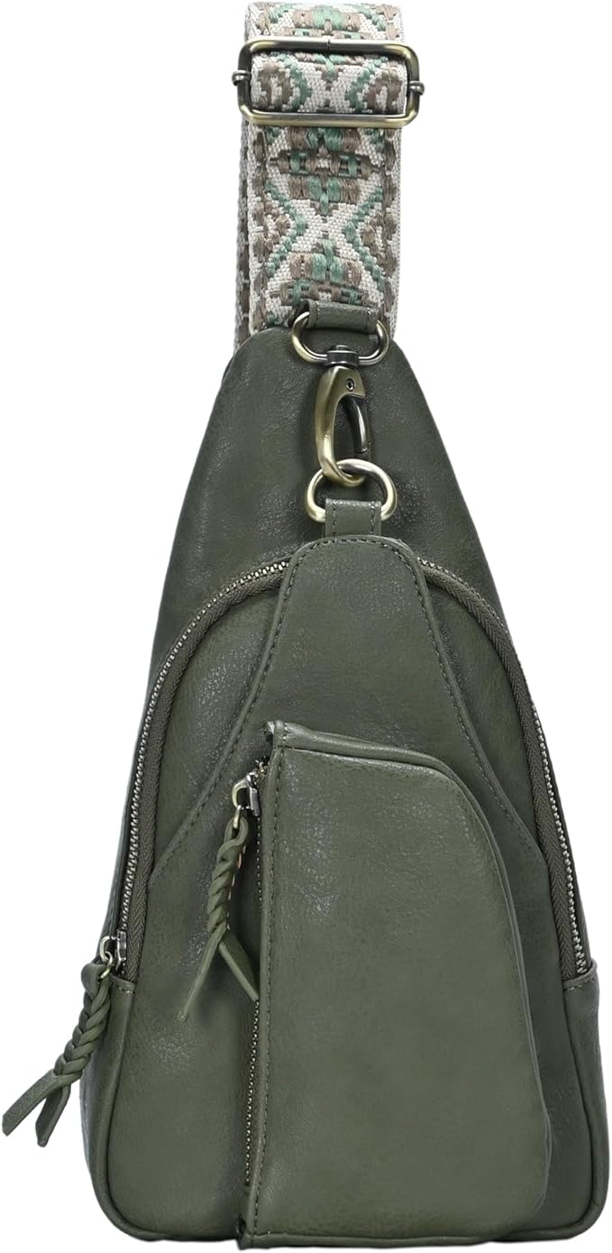 Antik Kraft Tasha Webbing Strap Sling (Moss) | Vegan Leather Crossbody Bag for Women with 16-20" Strap | Sling Bags for Women with Durable Antique Brass Hardware | 7in x 2.5in x 12.5in |