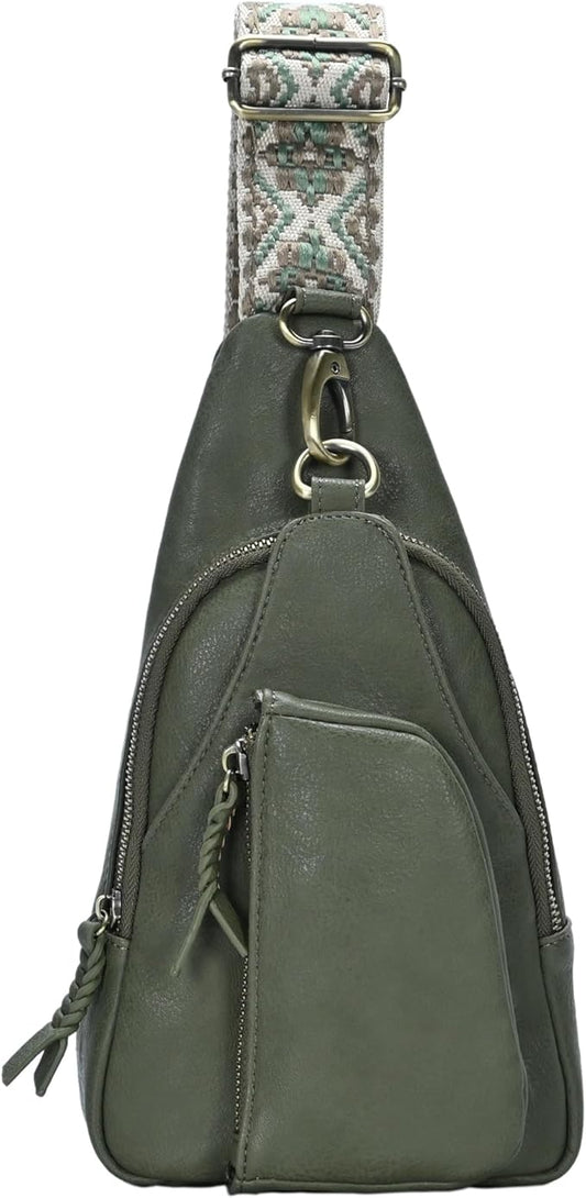 Antik Kraft Tasha Webbing Strap Sling (Moss) | Vegan Leather Crossbody Bag for Women with 16-20" Strap | Sling Bags for Women with Durable Antique Brass Hardware | 7in x 2.5in x 12.5in |