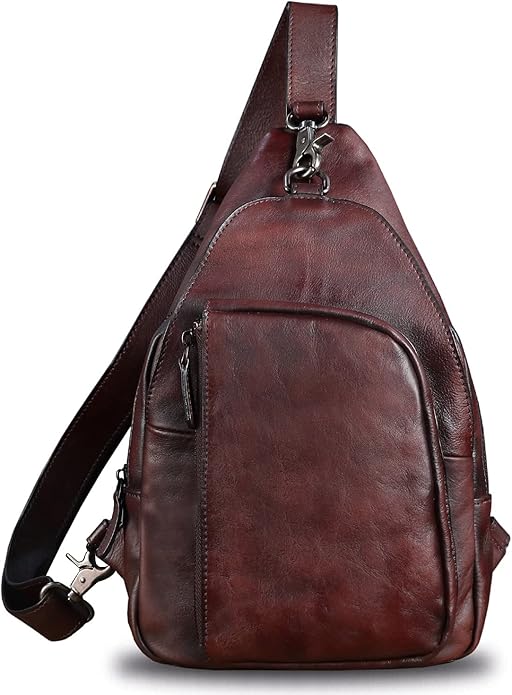 Genuine Leather Sling Bag for Men and Women Vintage Real Leather Sling Backpack Shoulder Crossbody Bag Chest Bag