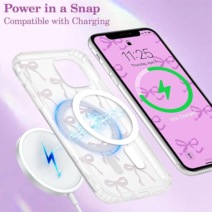 UEEBAI Magnetic for iPhone 11 Case, Bow Case Compatible with MagSafe, Wireless Slim Clear Ribbon Aesthetic Phone Cover Anti-Yellowing Shockproof Protective Cover for Women Girl - Purple