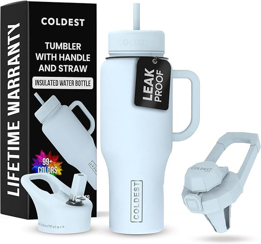 Coldest Tumbler with Handle and Straw - 100% Leak Proof Insulated Tumbler with Lid and Straw (3 Lids) - Stainless Steel Tumblers for Women & Men - Cup Holder Friendly Base, 36 oz (Morning Mist)