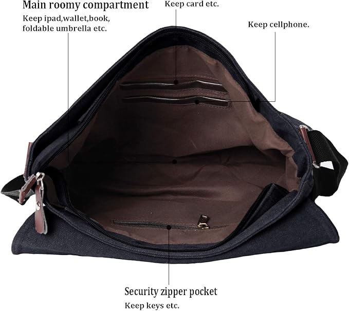 Vintage Canvas Satchel Messenger Bag for Men Women,Travel Shoulder bag 13.5" Laptop Bags Bookbag (Black)