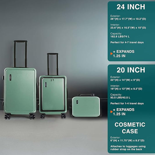 Luggage Sets 3 Piece, 22 Inch Carry on Luggage and 24 Inch Suitcases with Wheels Spinner, Durable Hard Shell Suitcase Set, Expandable Travel Suitcase, Sage Green