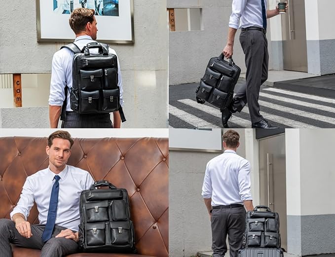 Masa Kawa Black Leather Backpack for Men 15.6 Inch Laptop Bag Multi Pockets Casual Work Business Travel Daypack