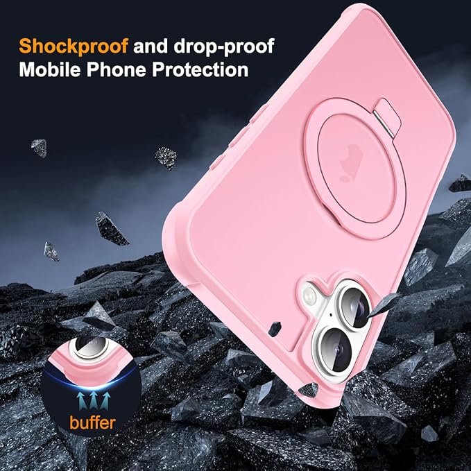 Compatible with iPhone 16 Case with Invisible Magnetic O-Ring Stand Military-Grade Translucent Case for iPhone 16 6.1" [Compatible with Mag-Safe][Great Grip Feeling], Pink