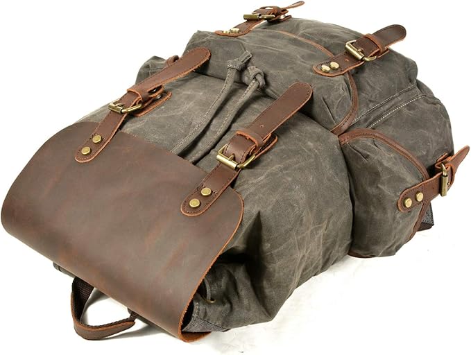 WUDON Leather Backpack for Men, Waxed Canvas Shoulder Rucksack Carry-On Travel Backpack