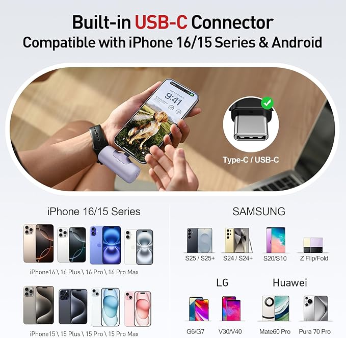 iWALK Portable Charger 5500mAh Next-Gen Small Power Bank 22.5W Fast Charging Battery USB-C Portable Phone Charger for iPhone 16/15 16 Plus 16 Pro Max iPad, Samsung Galaxy S25 S24 S23 Android, Purple