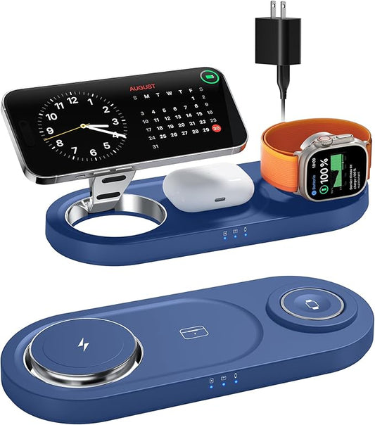 Upgraded 3 in 1 Wireless Charging Station for Apple Devices, Faster Mag-Safe Charger Stand, Magnetic Charger Station for iPhone 16/15/14/13/12 Series & AirPods Pro & Apple Watch Series (Sapphire Blue)
