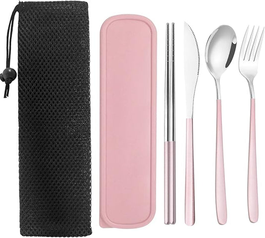 Portable Travel Utensils Set with Case, Pink Reusable Silverware Set, TWUTGAYW 18/8 Stainless Steel Knife Forks Spoons Chopsticks Reusable Travel Camping Cutlery for Lunch Box Office Picnic Daily Use