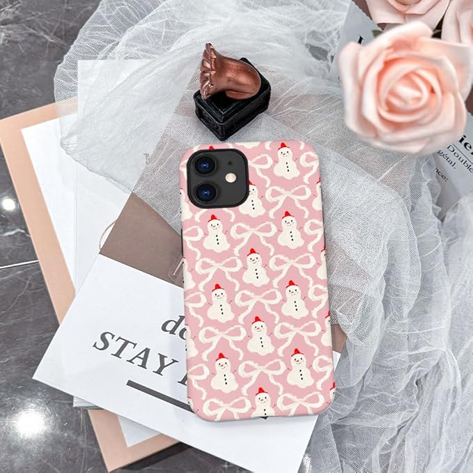 DAIZAG Case Compatible with for iPhone 12,Christmas Snowman Pink Bow Phone Case for iPhone 12 for Girl Women Boy Men