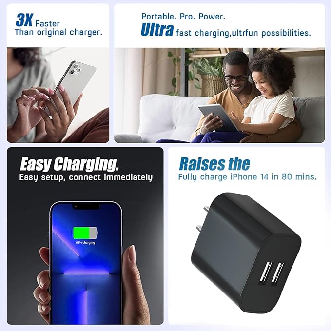 3 Pack USB Wall Charger, Dual Port Plug Adapter for Wall Outlet Charging Block, USB Power Adapter for iPhone 14/13/12/11 Pro/Pro Max, XS/XR/X, Galaxy, Pixel, Moto and Android Phones (Black)