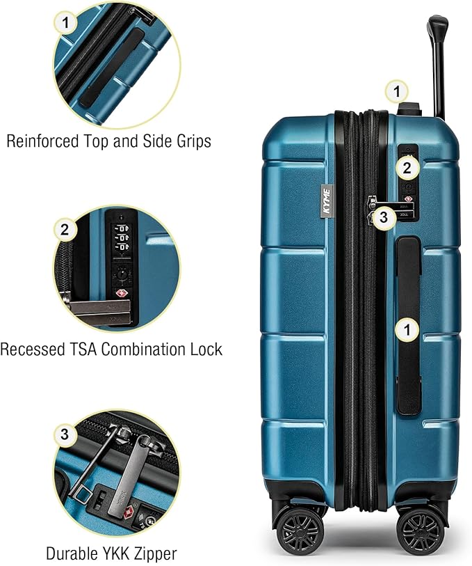 KYME Hardside Expandable Carry On Luggage 22x14x9 Airline Approved 20 Inch Hardshell Carry On Suitcase with Wheels TSA Lock Small Travel Rolling Luggage with Cup Holder for Women Men Lt Blue