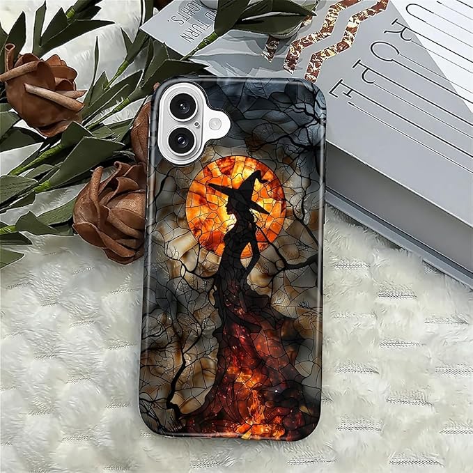 Case for iPhone 16 Plus Case,Halloween Witch Moon Stained Glass Design Hybrid Dual Protection Silicone + Hard PC Shockproof Full Body Cover Slim Anti-Scratch Protective Case for Men Women