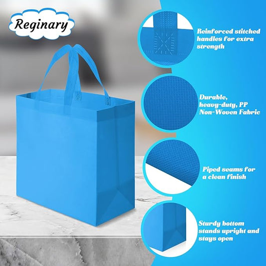 Reginary Reusable Totes Bags - 100 Pcs Non Woven Grocery Handle Bags for Shop Events & Retail Store(Sky Blue)