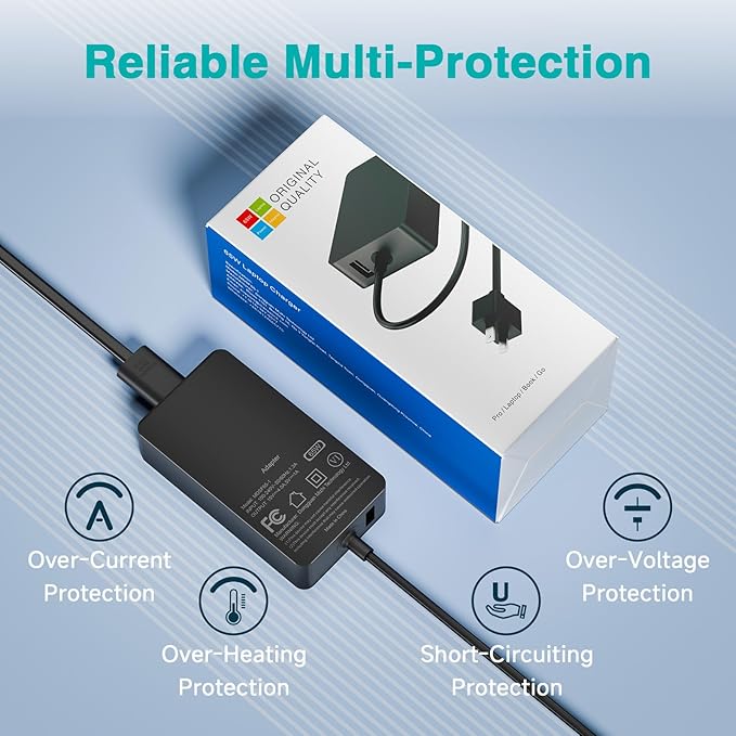 65W Charger Compatible with Microsoft Surface Pro 11, 10, 9, 8, 7+, 7, 6, 5, X, Laptop 7/6/5/4/3/2/1/Studio, Go 4/3/2/1, Book 3/2/1, Support 44W 36W, 10FT