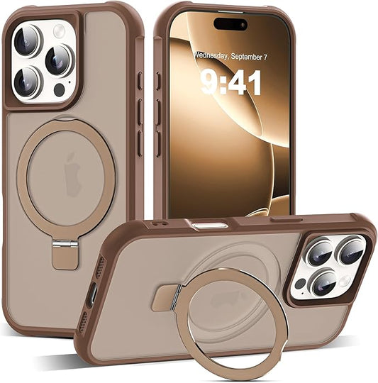 Compatible with iPhone 16 Pro Case with Invisible Magnetic O-Ring Stand Military-Grade Translucent Case for iPhone 16 Pro 6.3" [Compatible with Mag-Safe][Great Grip Feeling],Desert Brown