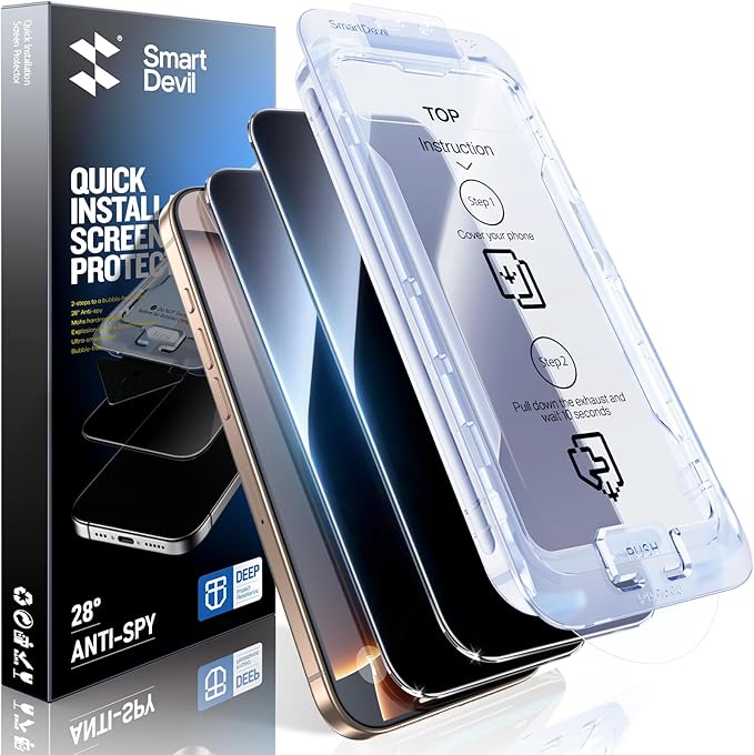 SMARTDEVIL 2PACK for iPhone 16 Pro Privacy Screen Protector Shatterproof Tempered Glass [True 28°Anti Spy] [9H Hardness] [Auto Dust-Elimination Install] [Bubble Free]