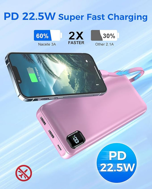 Portable Charger Power Bank 50000mAh Built-in Cables, PD 20W Fast Charging Large Capacity Battery Pack, 5 Output 2 Input LED Display Powerbank Compatible with Phone (Pink)