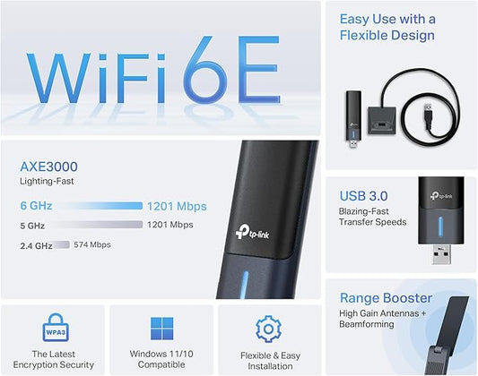 TP-Link WiFi 6E USB Adapter for Desktop PC - (Archer TXE50UH) AXE3000 Tri-Band Wireless Network Adapter, Ultra-Low Latency, MU-MIMO, OFDMA, Refined Security, WPA3, Supports Windows 11/10