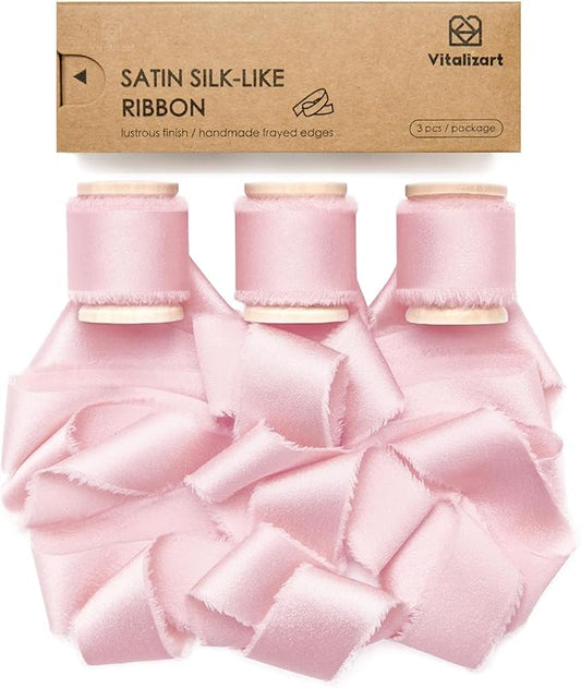 Vitalizart Pink Silk Satin Ribbon 1 Inch x 15 Yard Wooden Spool Handmade Frayed Ribbon for Gift Wrapping Baby Shower Wedding Bridal Bouquets Holiday Decor 3 Rolls x 5 Yard