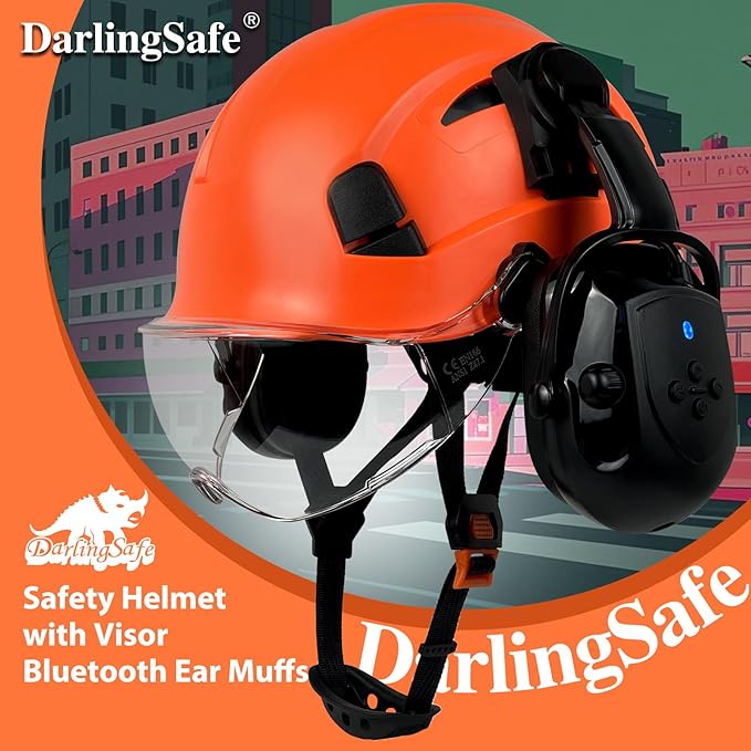 Hard Hats with Visor Bluetooth Ear Muffs Safety Helmet with Visors Mounted Safety Ear muff Hardhats Vented ANSI Z89.1 OSHA