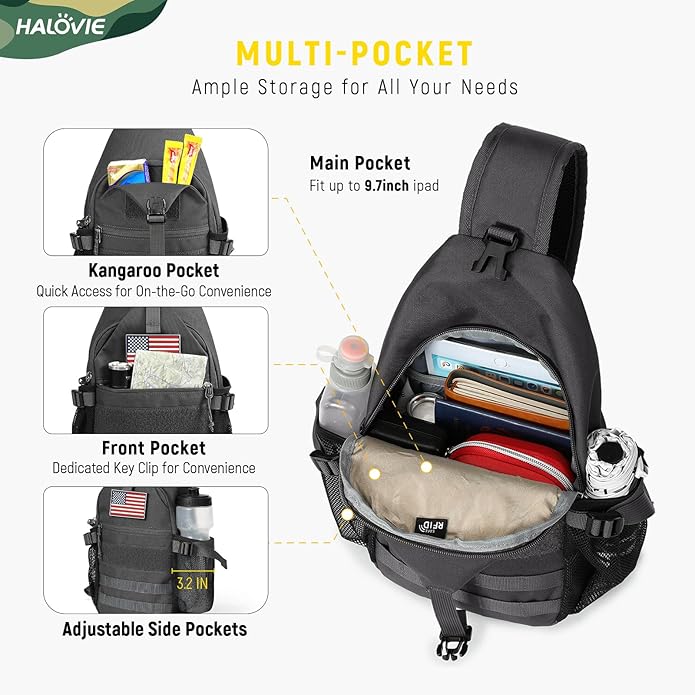 HALOVIE Crossbody Sling Bag Anti Theft Crossbody Backpack RFID Sling Backpack Lightweight Travel Hiking Chest Bag