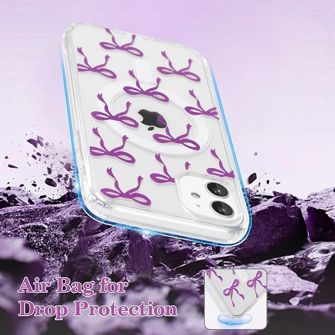 UEEBAI Magnetic for iPhone 11 Case, Bow Case Compatible with MagSafe, Wireless Slim Clear Ribbon Aesthetic Phone Cover Anti-Yellowing Shockproof Protective Cover for Women Girl - Purple