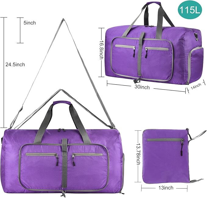 Dimayar Travel Duffle Bag for Men Women - Foldable Duffel Bag with Shoes Compartment - Overnight Bags Waterproof & Tear Resistant(115L,Purple)