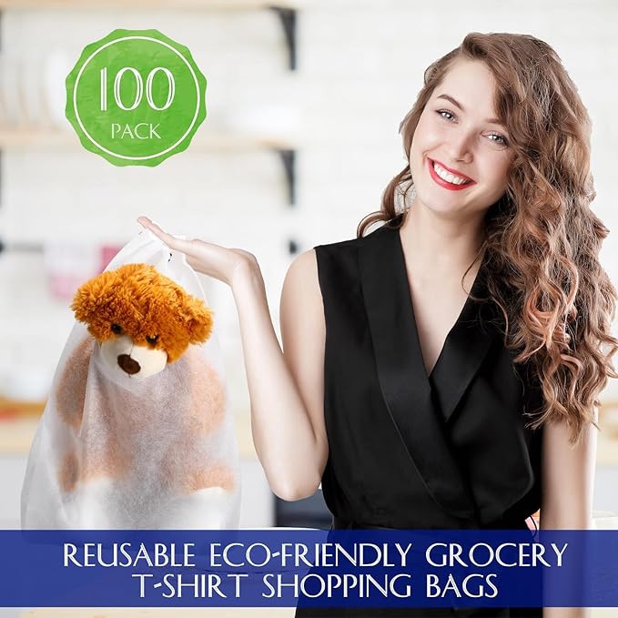 Windyun Large Grocery T-shirt Bags Bulk Reusable Non Woven Shopping Bag Foldable Gift Tote with Handle, 21x11x6 Inch