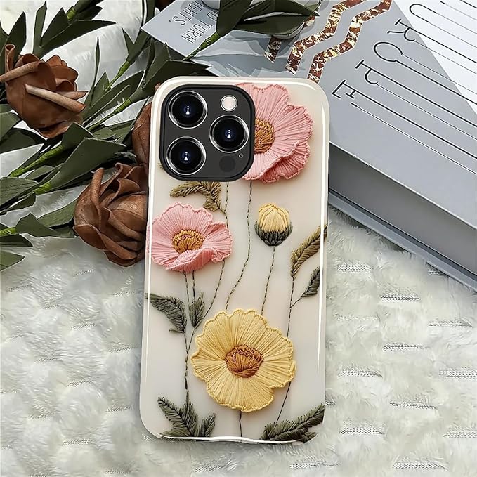 Case for iPhone 13 Pro Max Case,Faux Embroidery Boho Floral Design - Hybrid Dual Protection Silicone + Hard PC Shockproof Full Body Cover Slim Anti-Scratch Protective Case for Men Women