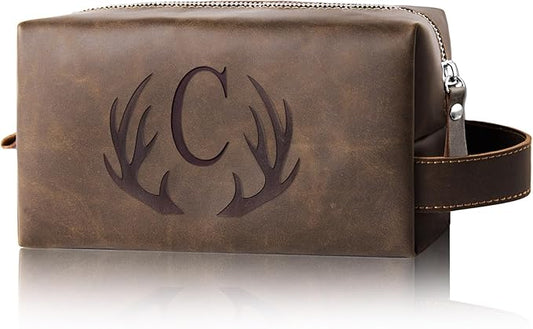 Personalized Fathers Day Birthday Gifts for Men Father New Dad Papa Elderly Dad Travel Toiletry Bag Initial PU Leather Shaving Bag for Toiletries Accessories Travel Essential Storage Bag (C)