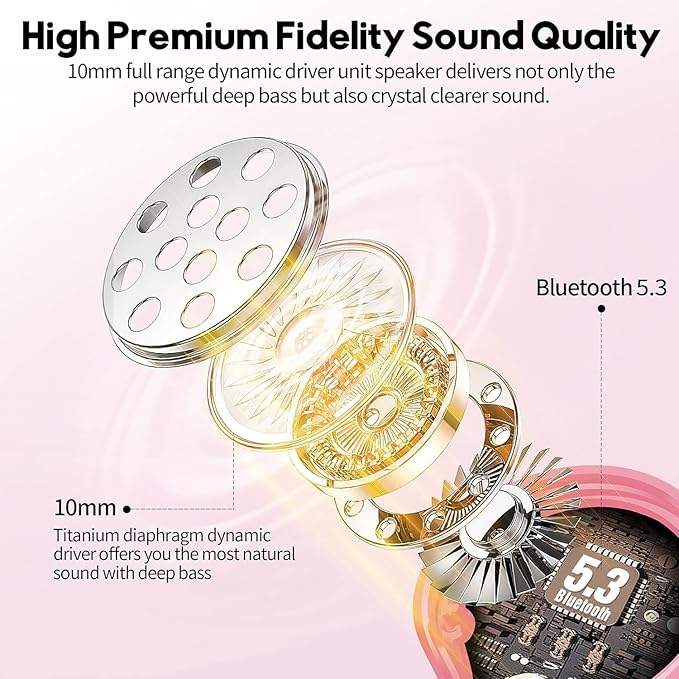 MOZOTER Bluetooth 5.3 Wireless Earbuds,Deep Bass Loud Sound Clear Call Noise Cancelling with 4 Microphones in-Ear Headphones with Wireless Charging Case Compatible for iPhone Android,Work -Pink01
