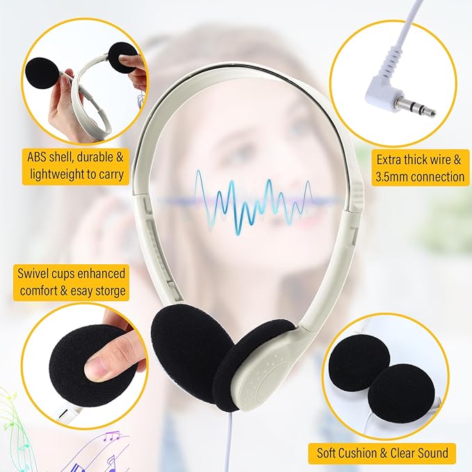 Konohan 30 Pack Kids Headphones Bulk for School Classroom Student Wired Headphones Adjustable with 3.5 mm Jack for Kids Adults(White)