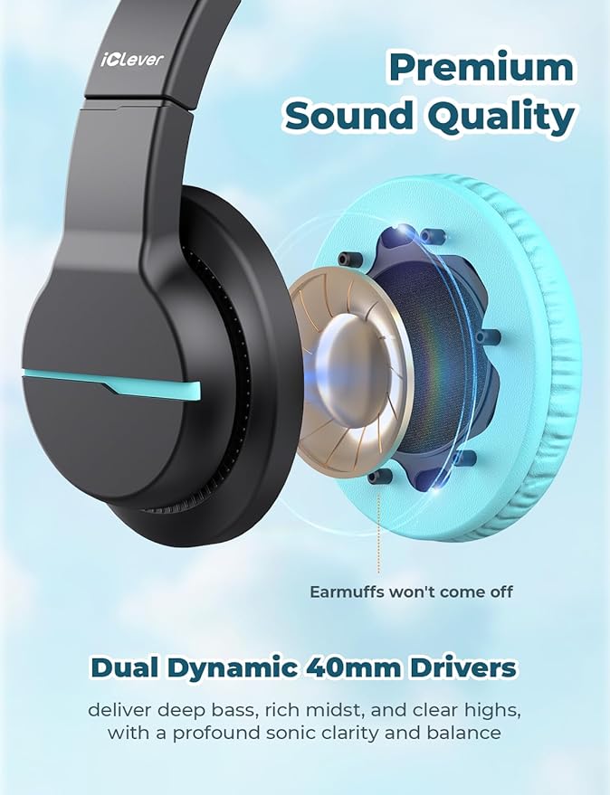 iClever HS19 Kids Headphones with Microphone for School, Volume Limiter 74/85dBA, Over-Ear Girls Boys Headphones for Kids with Shareport, Foldable Wired for iPad/Travel (Black)