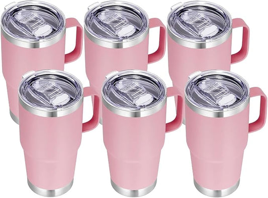 VEGOND 20 oz Tumbler Bulk with Handle Lid and Straw, Stainless Steel Insulated Travel Coffee Mug Set, Spill Proof Double Wall Metal Tumblers Cups, Pink 6 Pack
