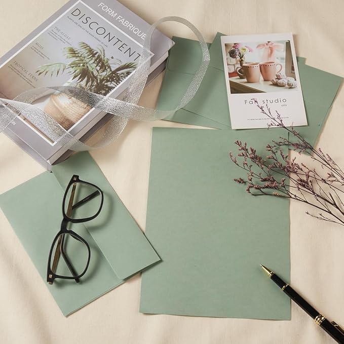 Wishop 50 Pack Self-Adhesive Envelopes with Fold Cards for Wedding Invitations, Greeting Cards, Baby Shower, Letter Mailing (Sage-Green, 4x6)