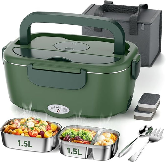 Electric Lunch Box for Adults, 80W Fast Heated Lunch Box with Dual 1.5L Stainless Steel Containers, Portable Food Warmer with Insulated Bag for Car/Office/Outdoor - Lonchera Eléctrica Portátil