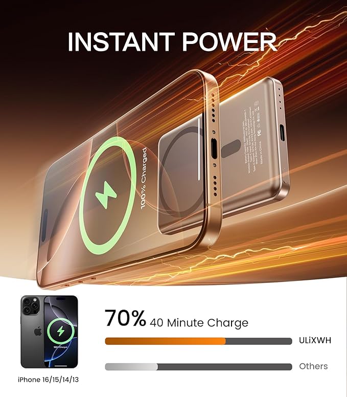 [0.3" Ultra Slim] [Alloy-Made] ULiXWH Magsafe Portable Charger for iPhone, 2025 Upgrade 5000mAh Fast Charging Magnetic Power Bank, Wireless Battery Pack for iPhone 17 Air 16 15 Pro Max 14, Desert Gold