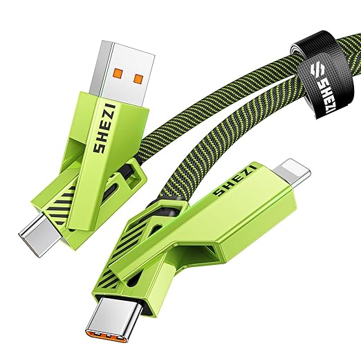 SHEZI [Upgraded 2.0 4-in-1 USB C Cable 60W 5FT Fast Charging [480Mbps Data Transfer] Flat Nylon Braided Charger Cord Combo, USB A/C to C/L Multi Charge Cable for iPhone/iPad & Most Devices, Green