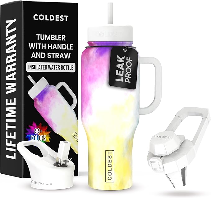 Coldest Tumbler with Handle and Straw, 100% Leak Proof Insulated Tumbler with Lid and Straw (3 Lids), Stainless Steel Tumblers for Women & Men, Cup Holder Friendly, 36 oz (Clouds of Tie Dye)