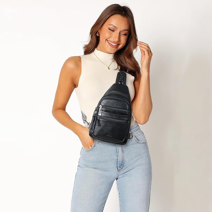 Sling Bag for Women Cross Body Bags Fanny Packs Shoulder Bag Sling Backpack Vegan Leather Trendy Travel Purses Black