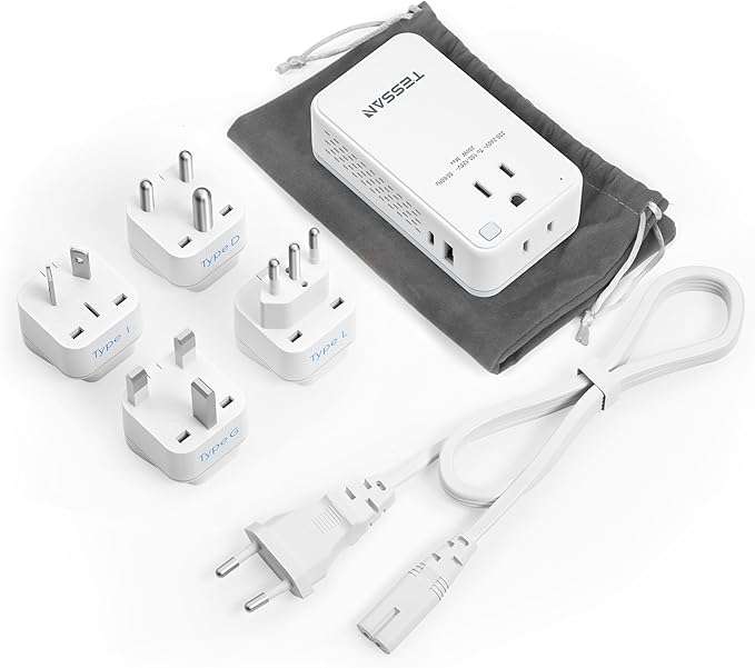 220V to 110V Voltage Converter US to Europe, TESSAN Universal Travel Adapter with 2 AC Sockets and 2 USB (1 USB-C) Ports, 200W Power Converter with EU/UK/AU/IT/India Plugs for Worldwide Travel