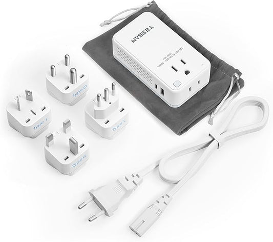 220V to 110V Voltage Converter US to Europe, TESSAN Universal Travel Adapter with 2 AC Sockets and 2 USB (1 USB-C) Ports, 200W Power Converter with EU/UK/AU/IT/India Plugs for Worldwide Travel