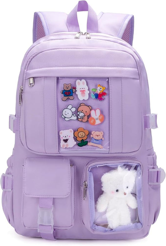 Kawaii Backpack for Teen Girls, Cute Aesthetic High Middle School College Bookbag with Accessories,Light Purple