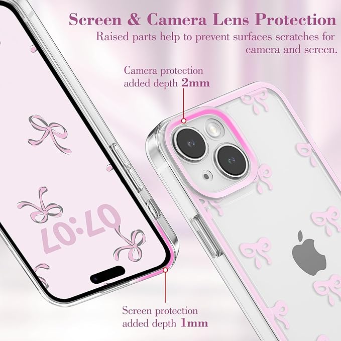 EYZUTAK Case for iPhone 15, Clear Cute Ribbon Bowknot Pattern Aesthetic Transparent Phone Case Raised Camera Protection Stylish Slim Soft Durable TPU Protective Cover for Women Girls - Pink